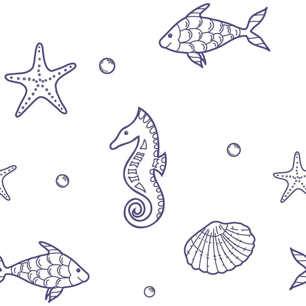Under the Sea Hand drawn Seamless Pattern with Starfish, Seashells and Fishes, Seahorse. illustration, blue line art isolated on white background. For fabric, wallpaper and marine beach design. vector