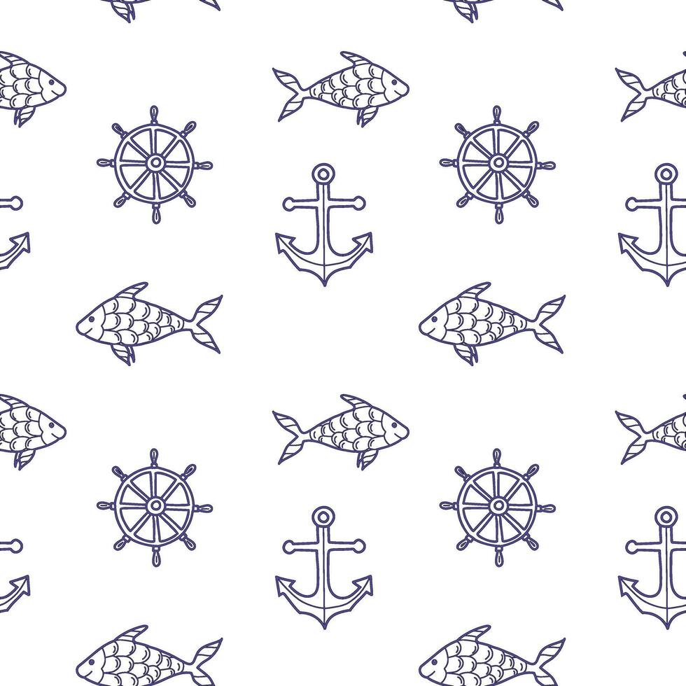 Marine Sea Hand drawn Seamless Pattern with Fishes, Nautical Anchor and Steering Wheel. illustration, blue line art isolated on white background. For fabric, wallpaper and marine beach design. vector
