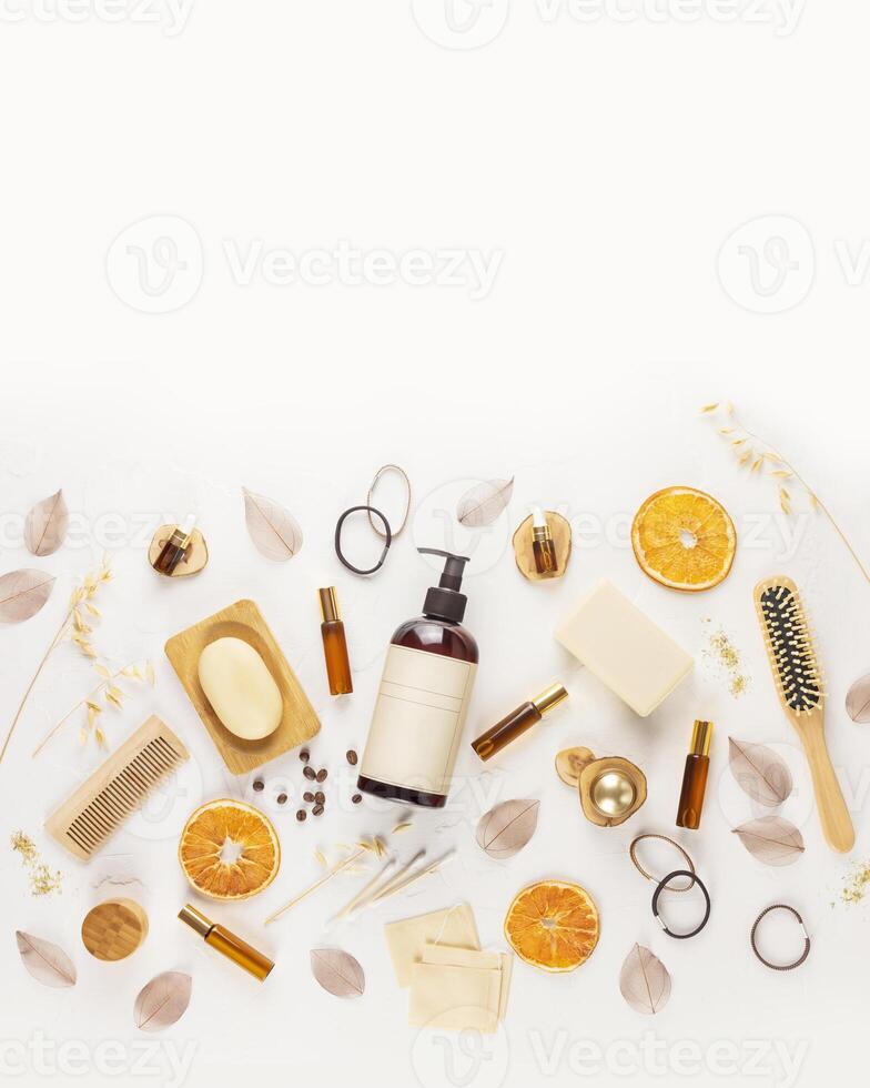 Hair care card with shampoo bottle, soap, oils and hair acsessories photo