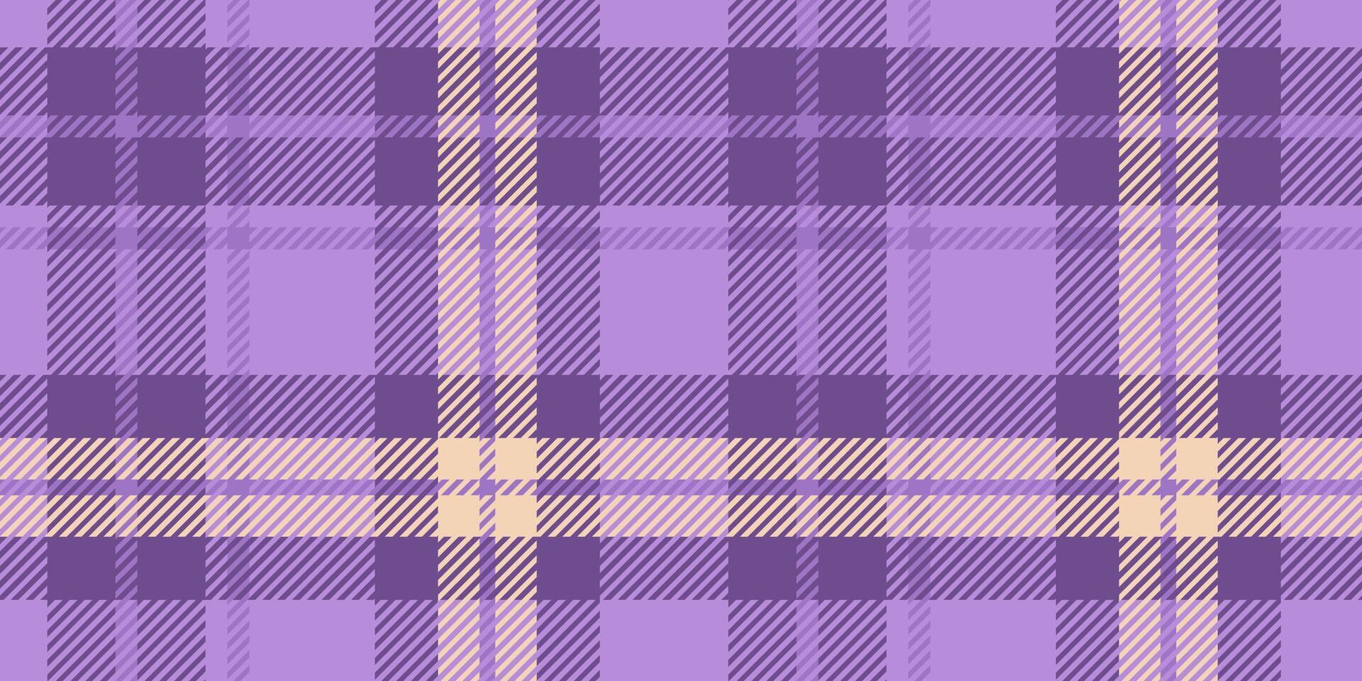 Seamless tartan pattern in purple and lavender color with light yellow accents. The plaid design is composed of intersecting lines and squares, creating a classic and stylish textile appearance. vector