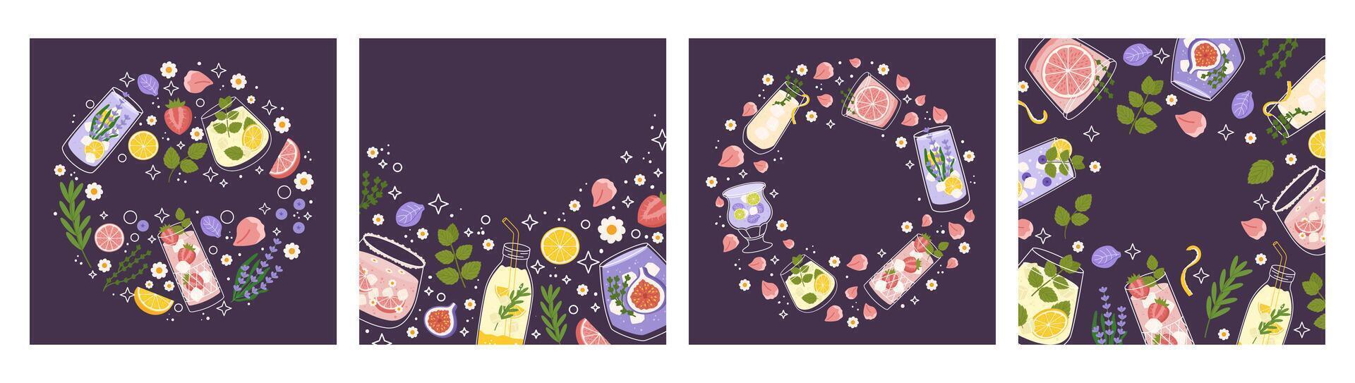 Set of four square post featuring vibrant, refreshing drinks with citrus, berries, and floral elements, purple background. Text Summer, decorative elements like daisies, leaves, fruit slices vector