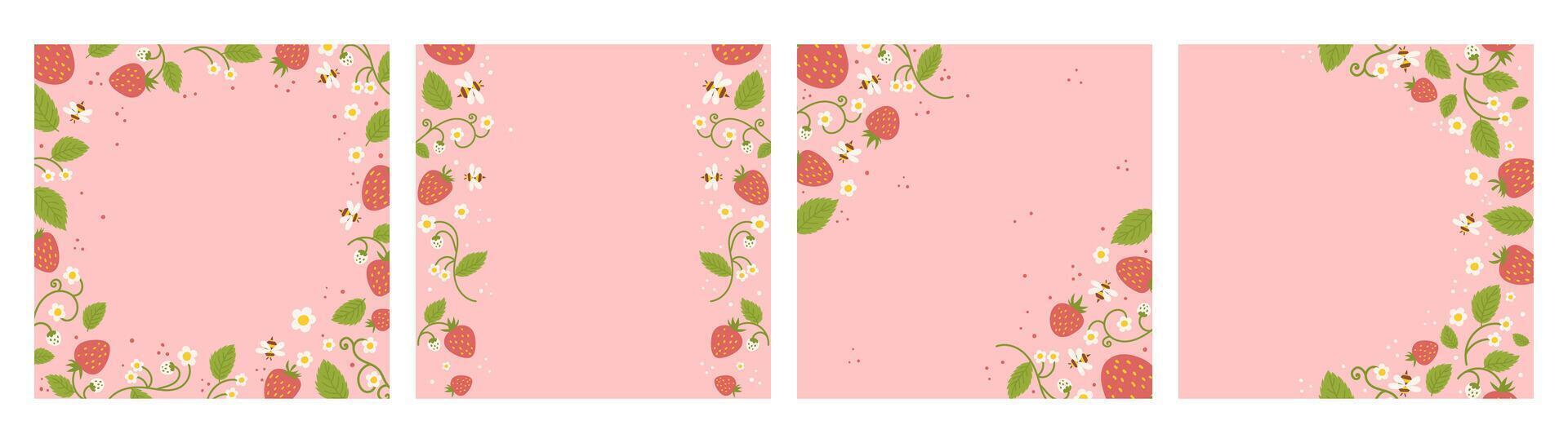 Set of four summer sale social media post, pink background with strawberries, bees, and flowers. Post feature text promoting a limited-time offer. Bright and playful, ideal for seasonal promotions. vector