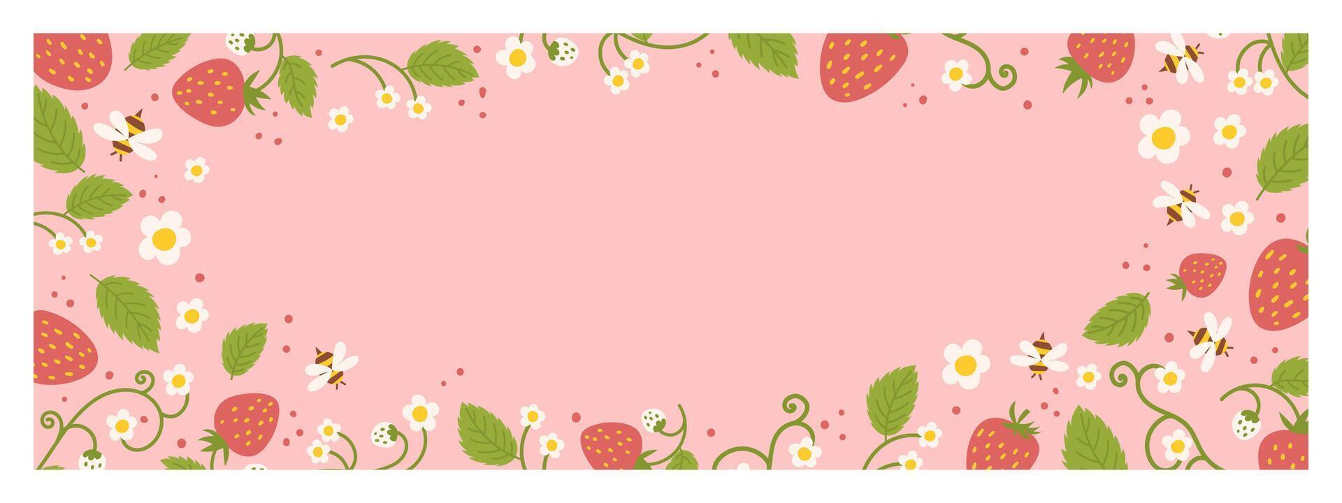 Bright and cheerful summer sale banner featuring a pastel pink background adorned with strawberries, white flowers, green leaves, and buzzing bees. vector
