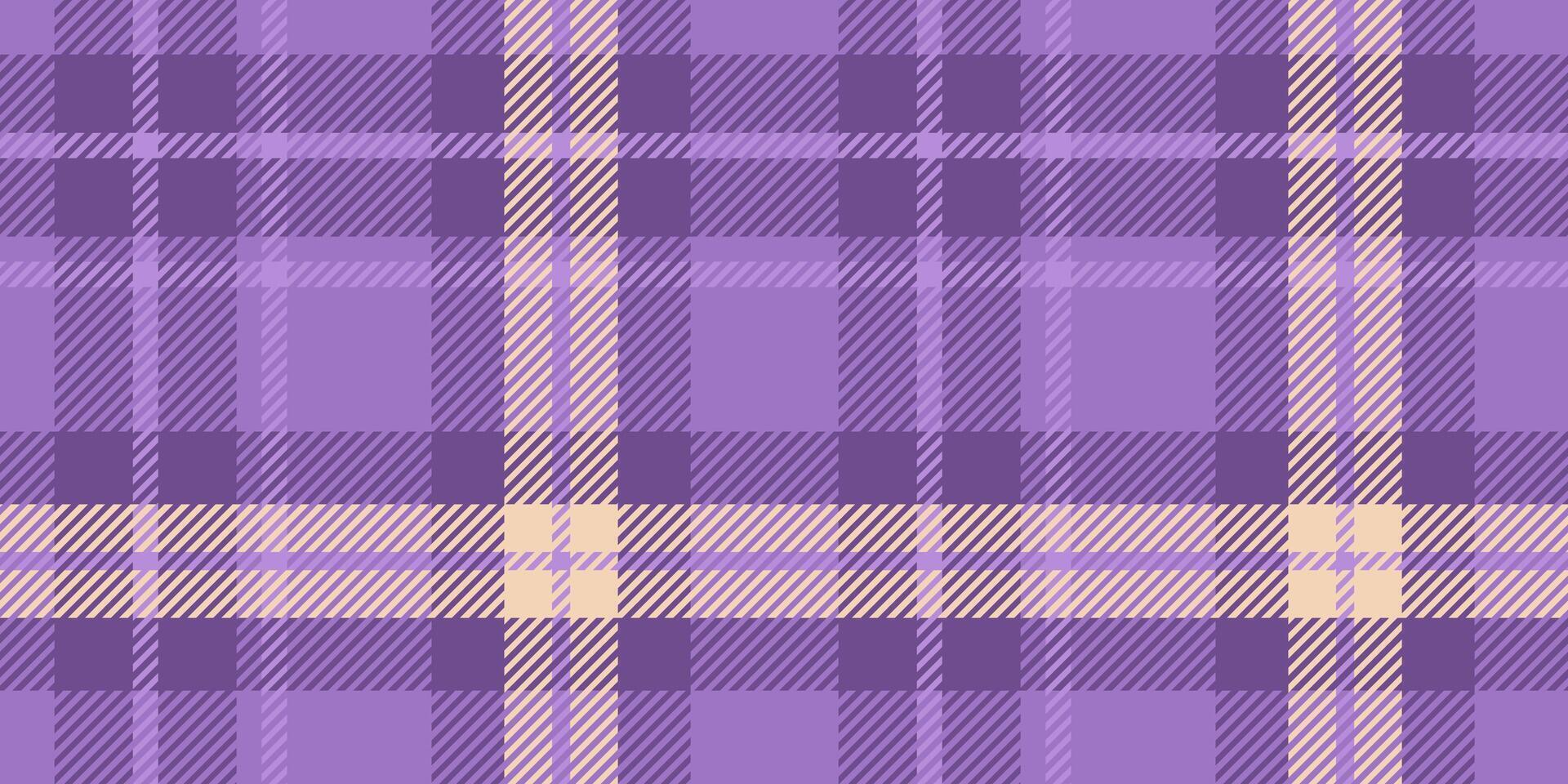 Seamless tartan pattern in purple and lavender hues with light yellow highlights. The plaid design consists of crossing lines and squares, forming a timeless and elegant textile look vector