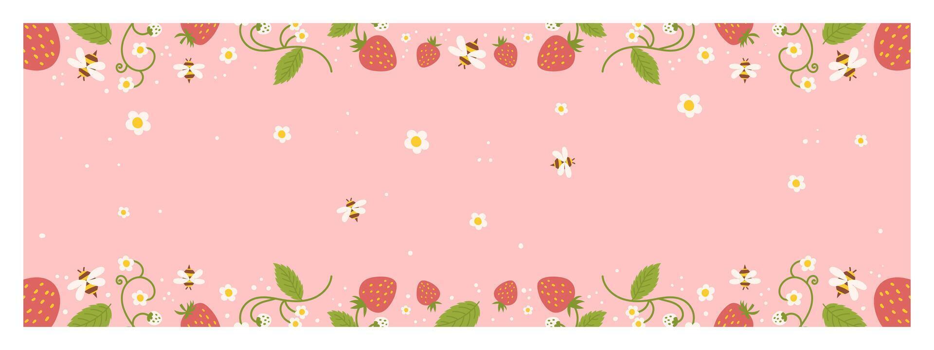 Vibrant summer sale banner with a pastel pink background, decorated with strawberries, white flowers, green leaves, and bees. vector