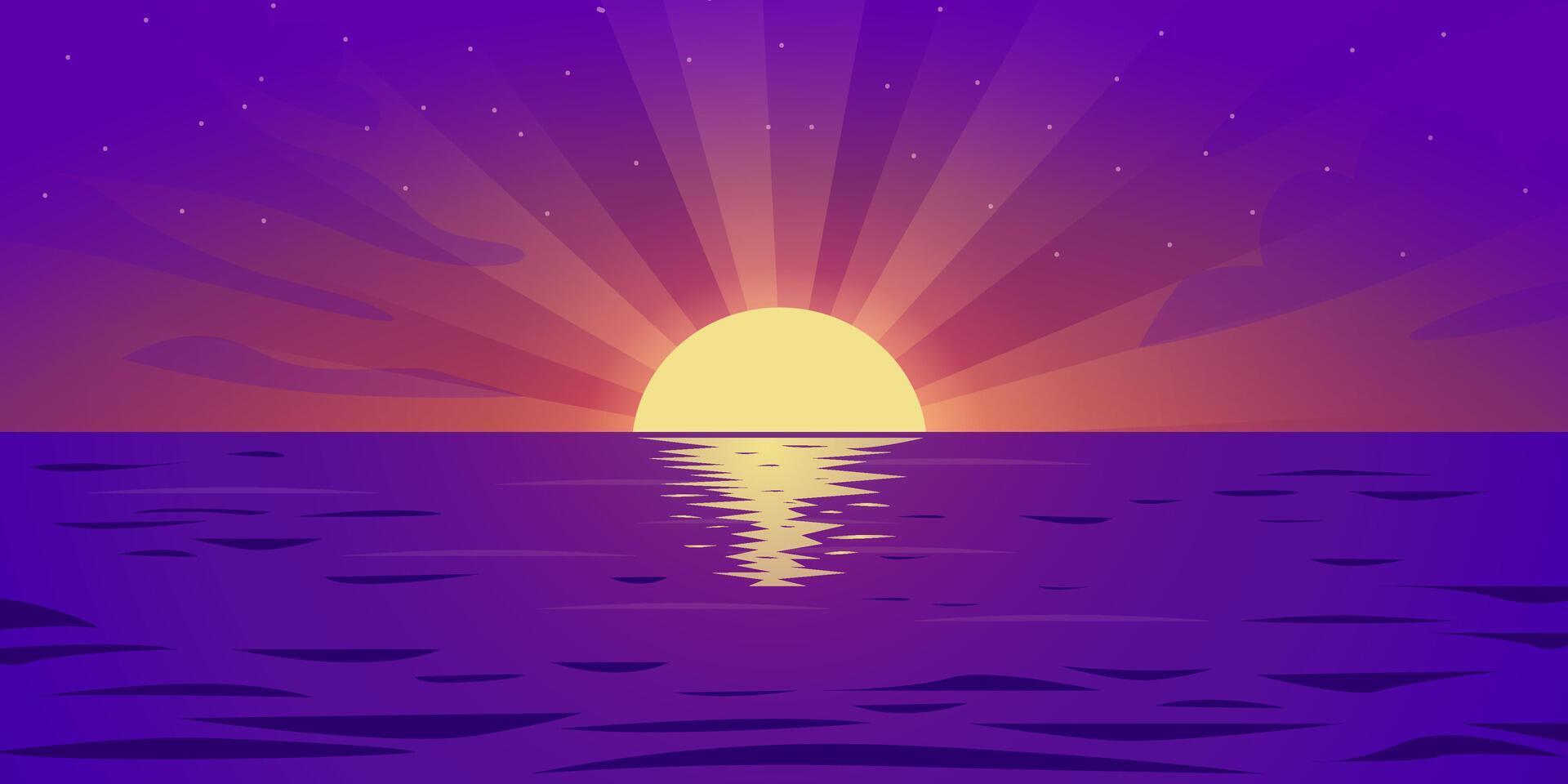 sunset, reflection of the sun on the water. Beautiful evening landscape at a sea sunset in purple hues. cartoon illustration vector