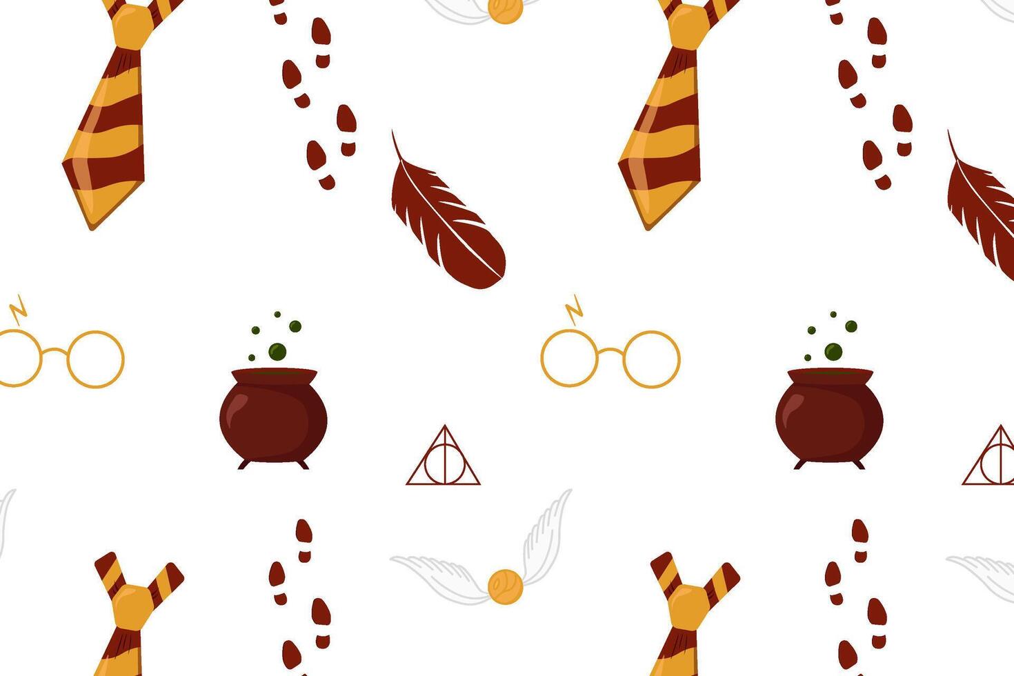 Seamless pattern magic school. seamless pattern with magician objects - flying ball, magic feather, glasses, tie, potion cauldron, shoeprint. Children's pattern, magic design vector
