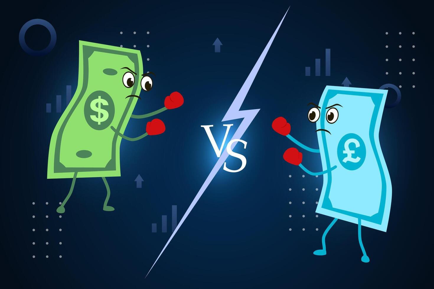 Currency battle dollar vs pounds. Currencies fight on a stylized background. vector