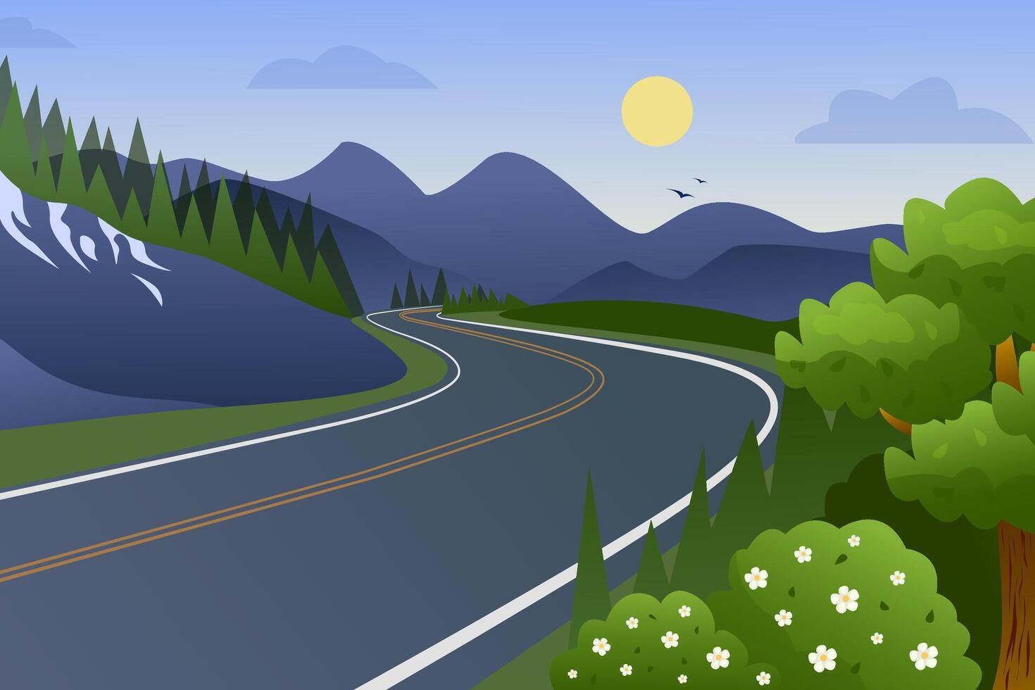 Mountain road landscape illustration. Nature highway through trees mountains and meadows cartoon background vector
