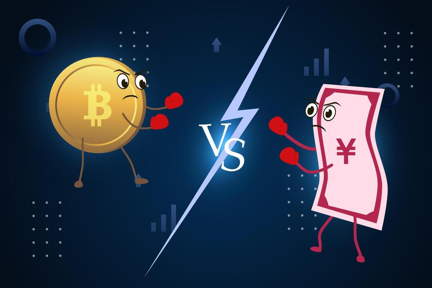 Currency battle bitcoin vs fiat yuan. Currencies fight On a stylized background. vector