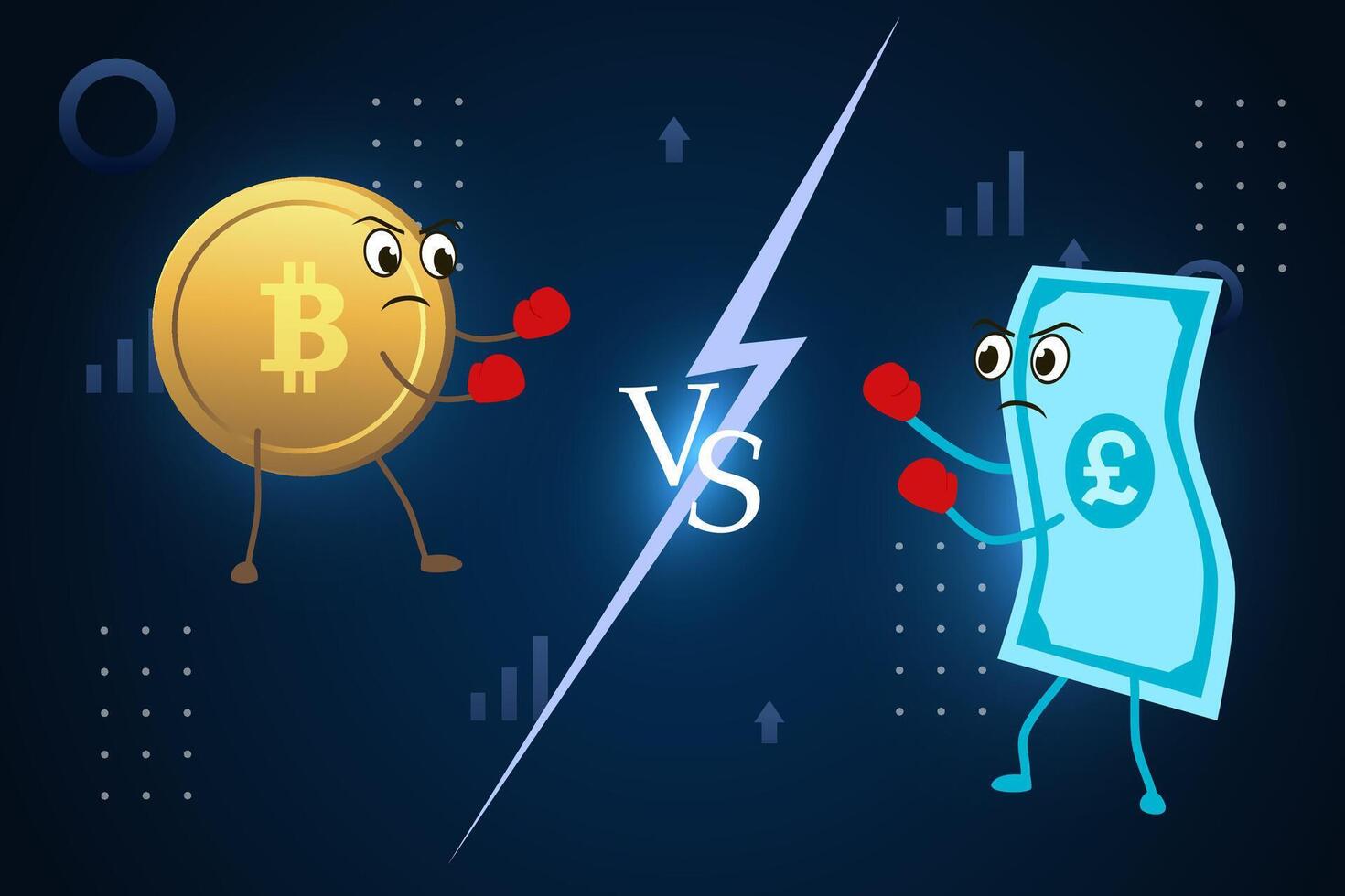 Battle of currencies bitcoin vs fiat pounds. Currencies fight on a stylized background. vector