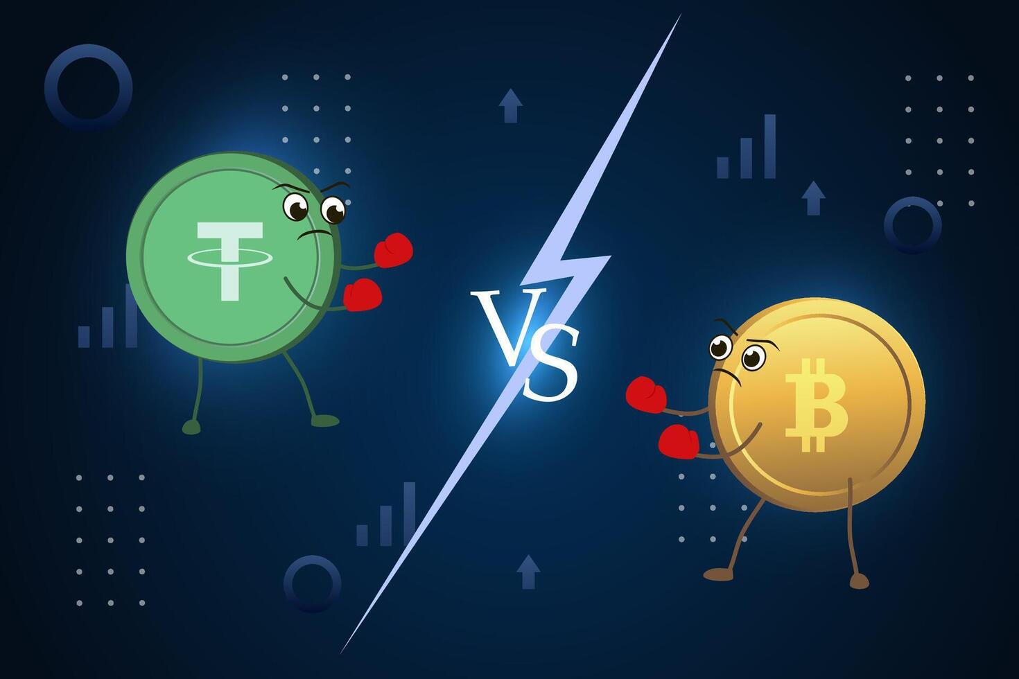 Currency battle USDT vs bitcoin. Digital currencies fight on a stylized background. vector
