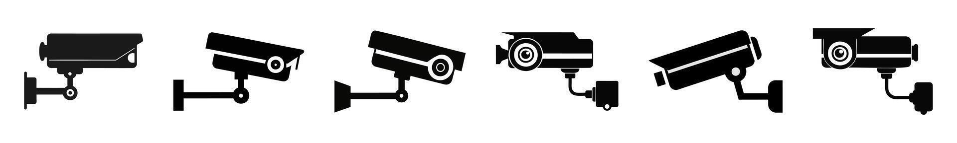Set of black silhouettes of security cameras, isolated on a white background. Simple graphic design of surveillance equipment. Suitable for prints, logos, signs, and design elements vector