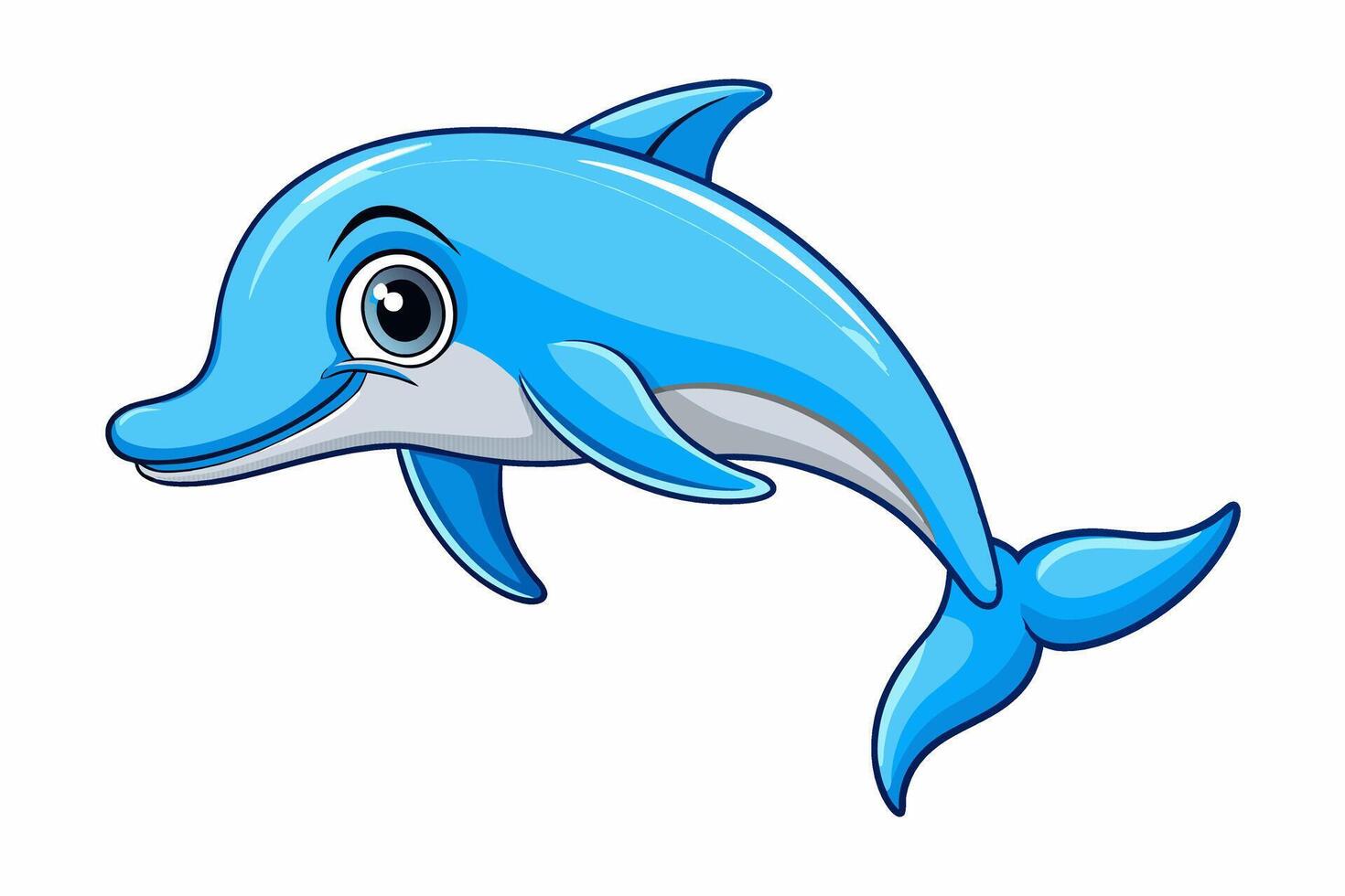 Cute cartoon dolphin illustration isolated on white background. Concept of marine life, happy dolphin, childrens art, aquatic animal illustration. Print, icon, logo, template for design. vector