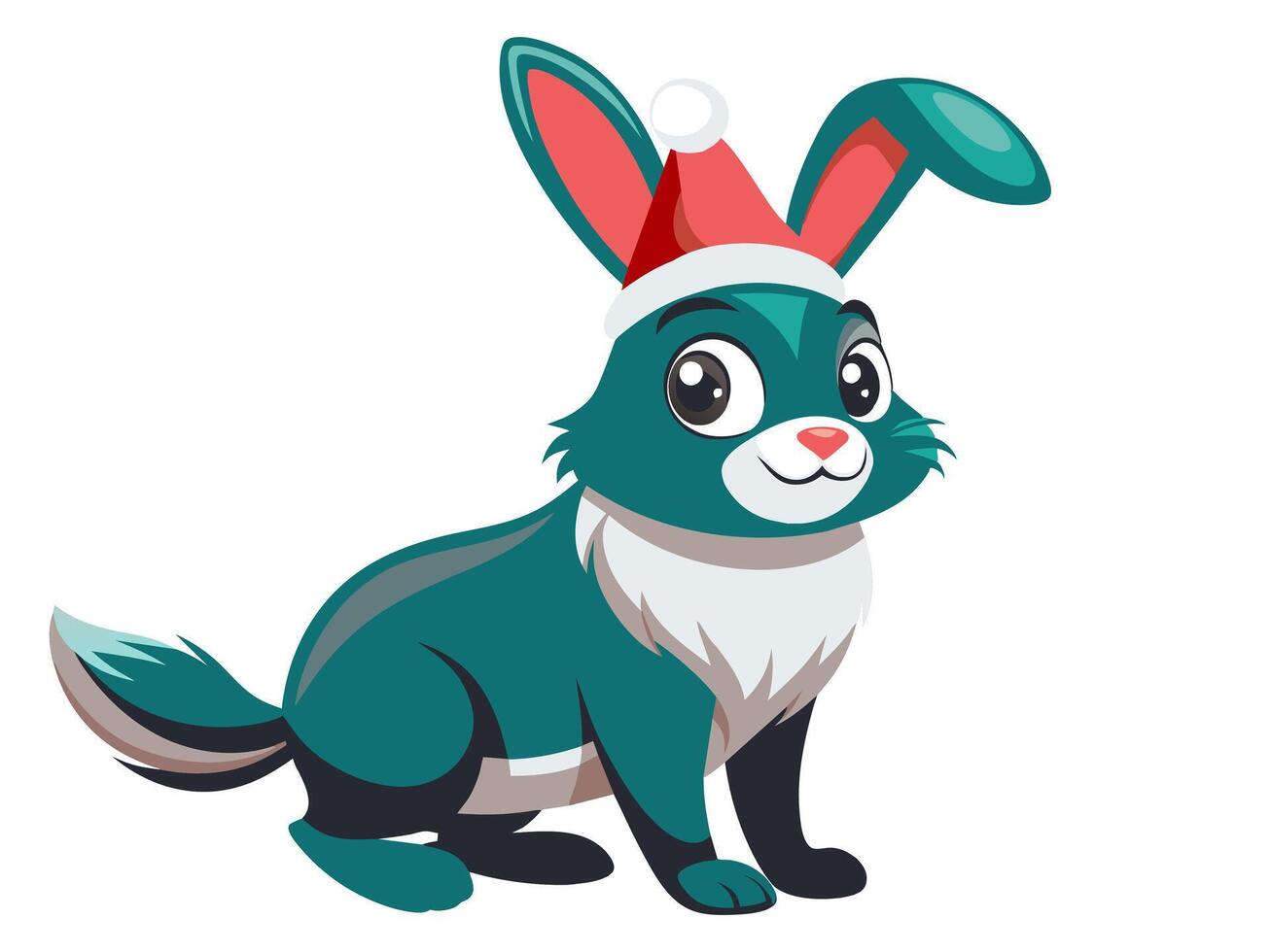 Cute rabbit in Christmas Santa hat isolated on white background. Adorable bunny in festive attire. Concept of holiday pets, Christmas animals, festive season. Print, logo, design element vector