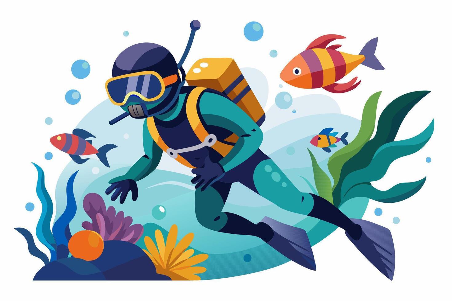 Scuba diver isolated on white background. Graphic illustration. Concept of underwater adventure, scuba diving tourism. Print, design element vector