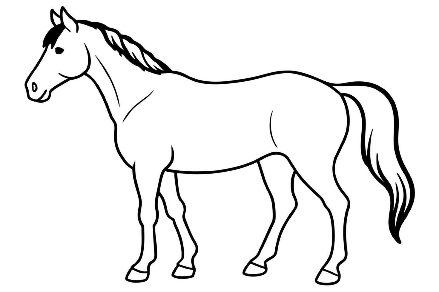 Black and white outline of a horse isolated on a white background. Concept of a wild animal illustration, minimalist style, equestrian theme. Print, icon, logo, element for design. Coloring book. vector