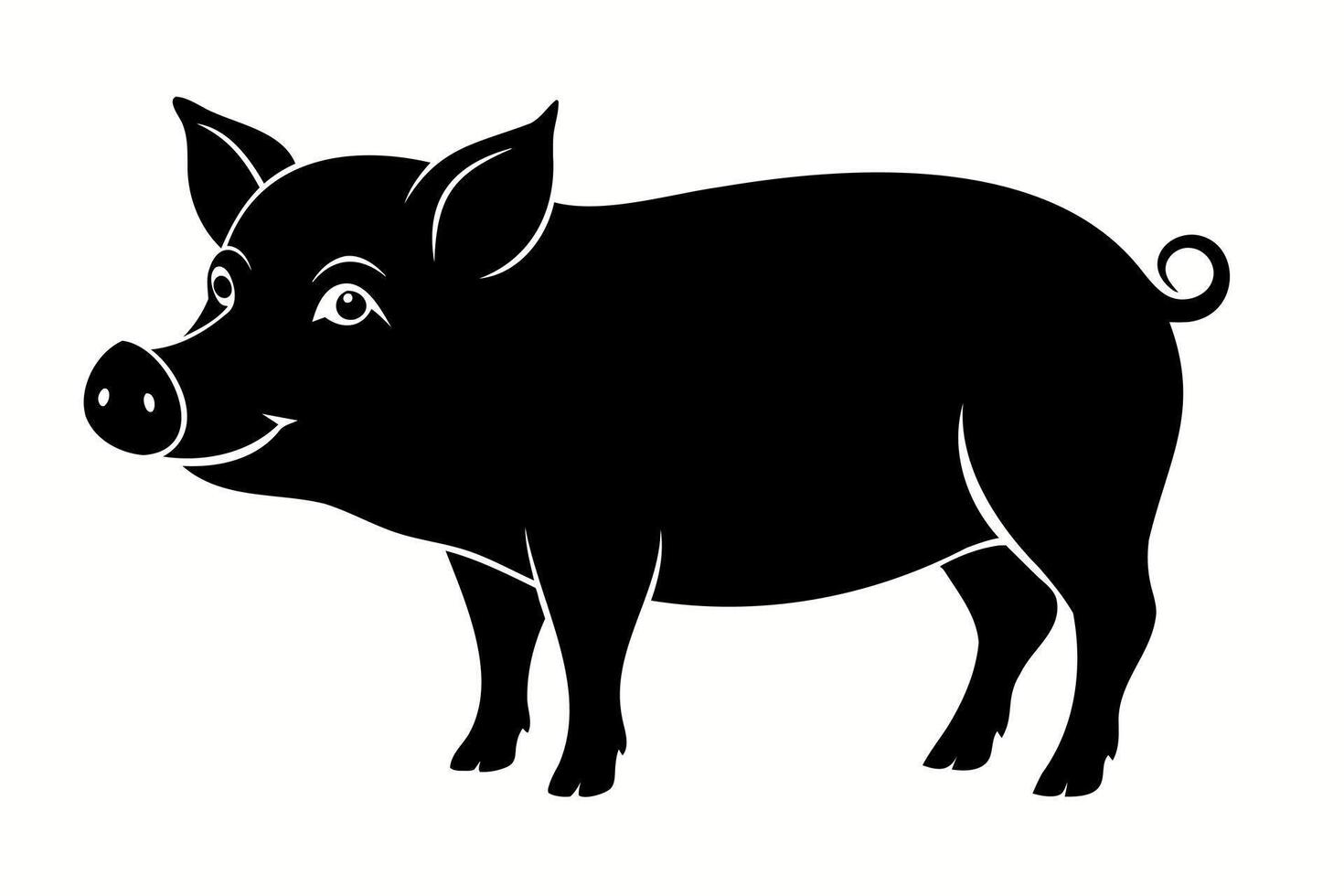 Black silhouette of a pig isolated on a white background. Animal illustration, farm animal, minimalist design, livestock concept. vector