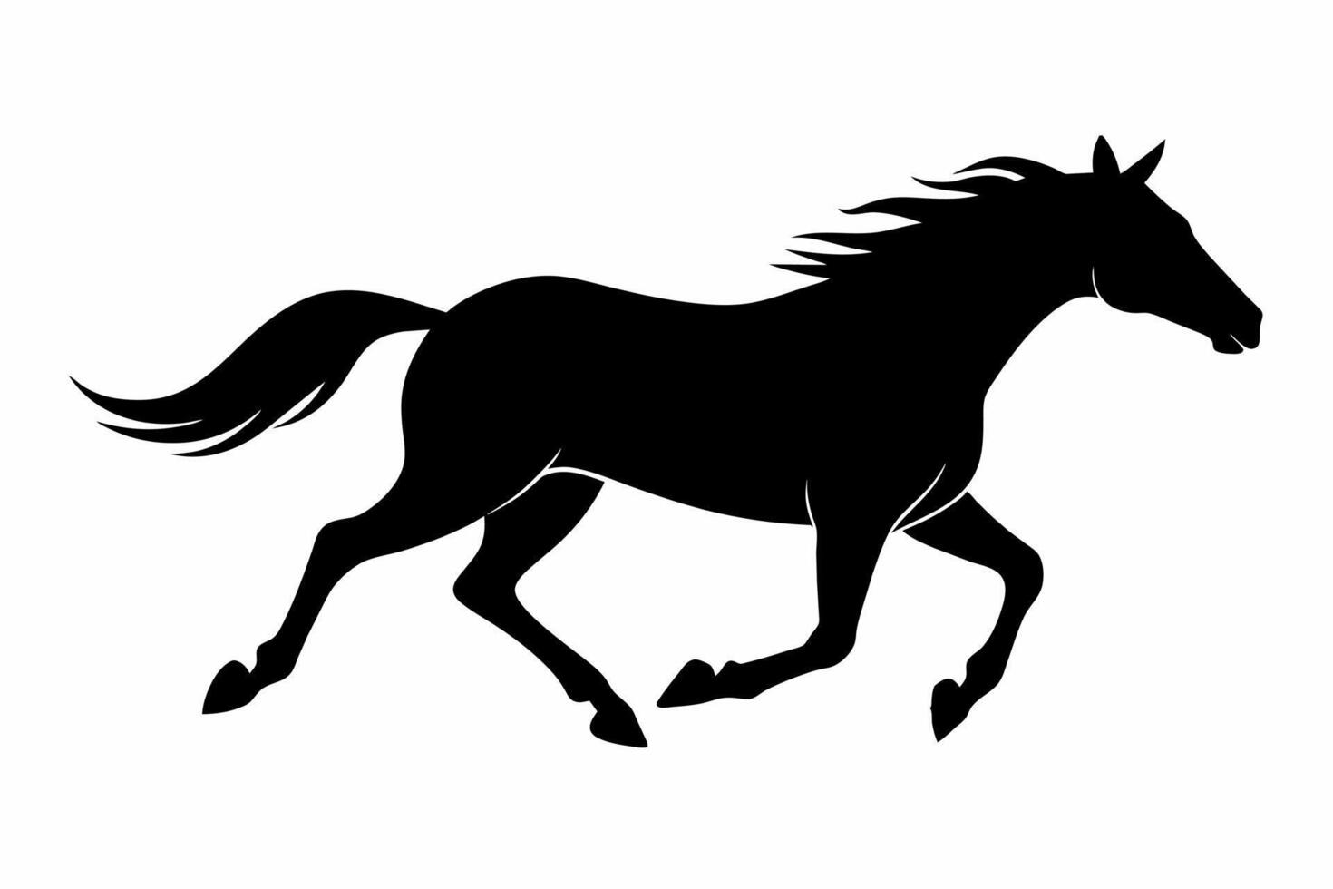 Black silhouette of a running horse isolated on a white background. Concept of wild animal illustration, minimalist style, galloping equine. Print, icon, logo, template, pictogram, element for design vector