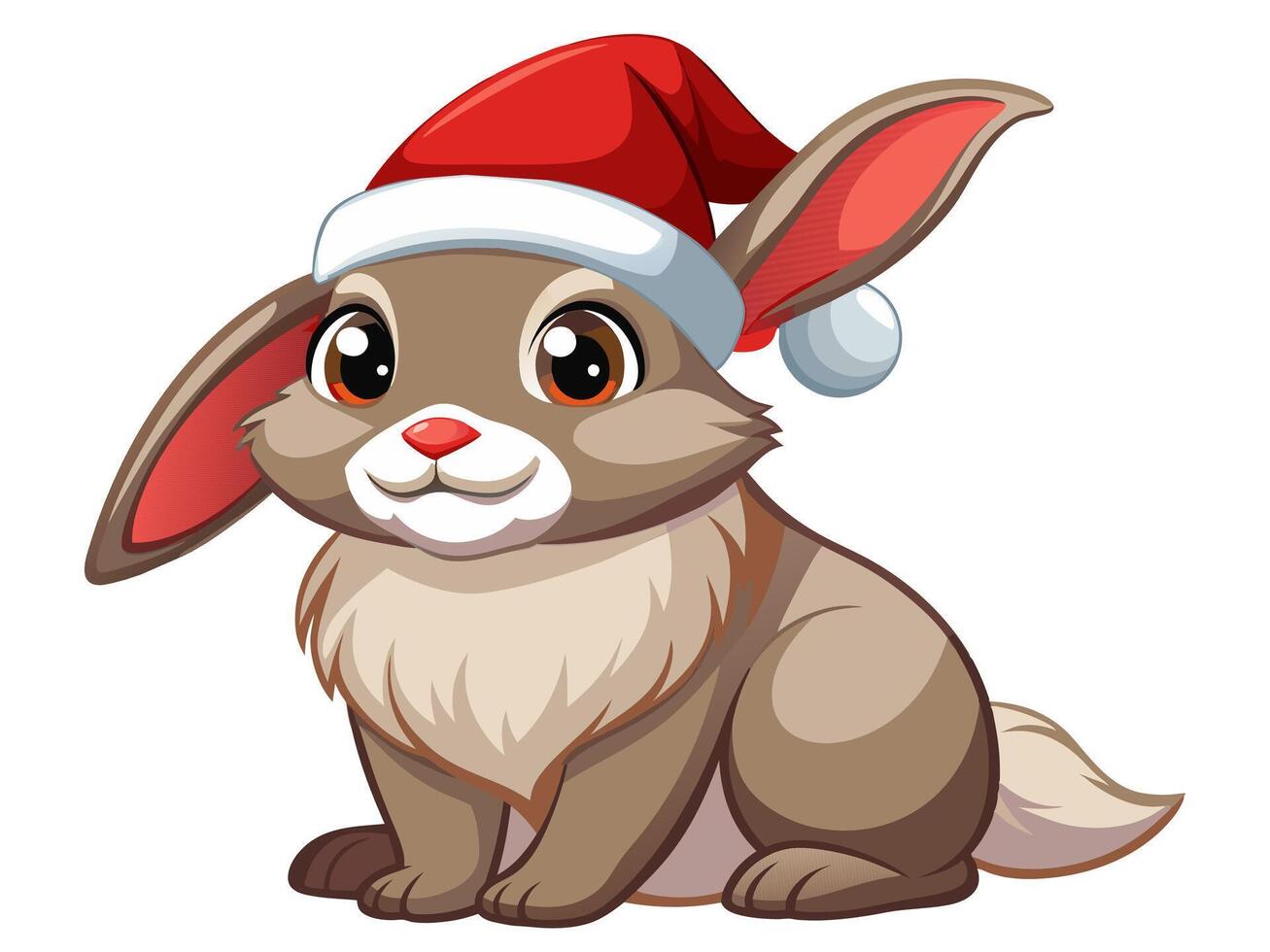 Cute rabbit in Christmas Santa hat isolated on white background. Adorable bunny in festive attire. Concept of holiday pets, Christmas animals, festive season. Print, logo, design element. Graphic art vector