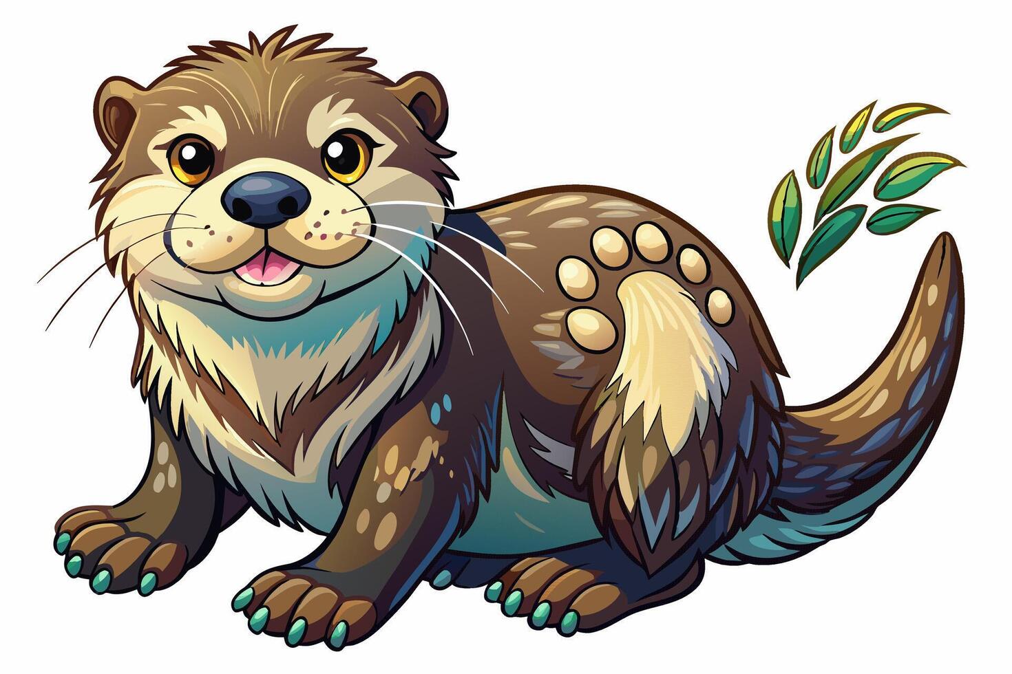 Cute brown sea otter with four paws isolated on white background. Adorable otter illustration. Concept of wildlife, aquatic animal, nature art. Print, icon, logo, design element. vector