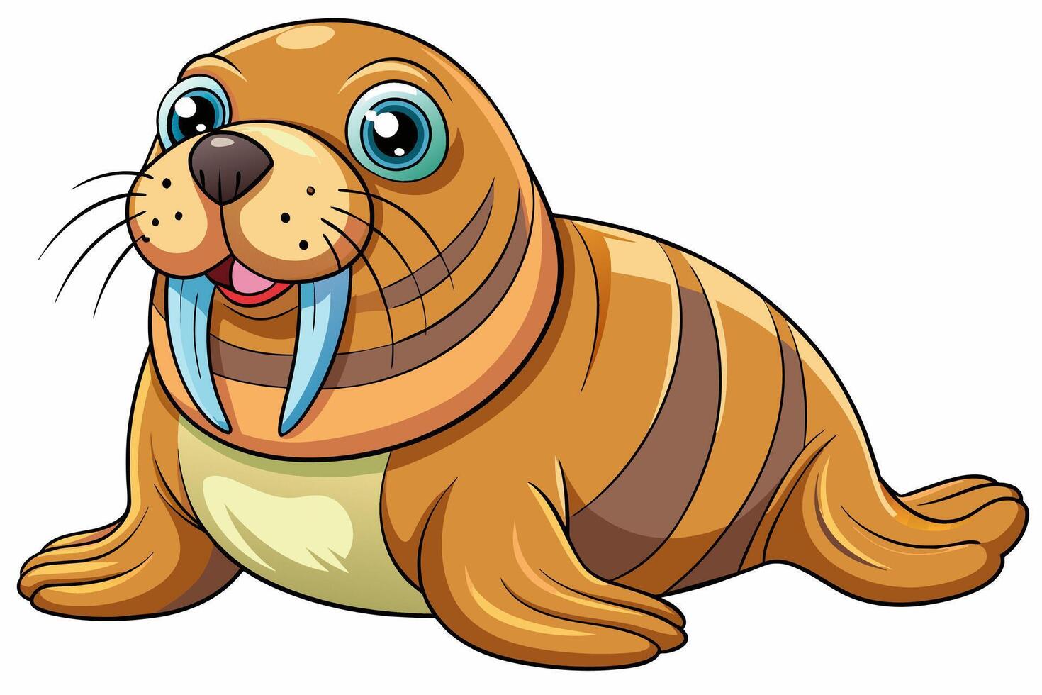 Cute cartoon walrus isolated on white background. Illustration of a smiling walrus with large tusks. Concept of marine life, wild animals, and adorable cartoon characters. Print, element for design. vector