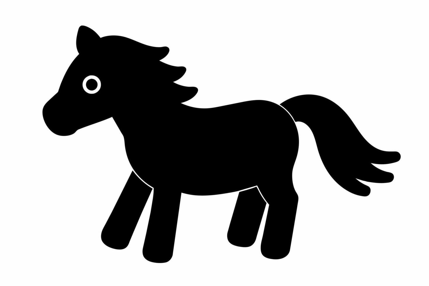 Black silhouette of a toy horse isolated on a white background. Concept of foal, wild animal illustration, cartoon style, cute pony. Print, icon, logo, template, pictogram, element for design vector