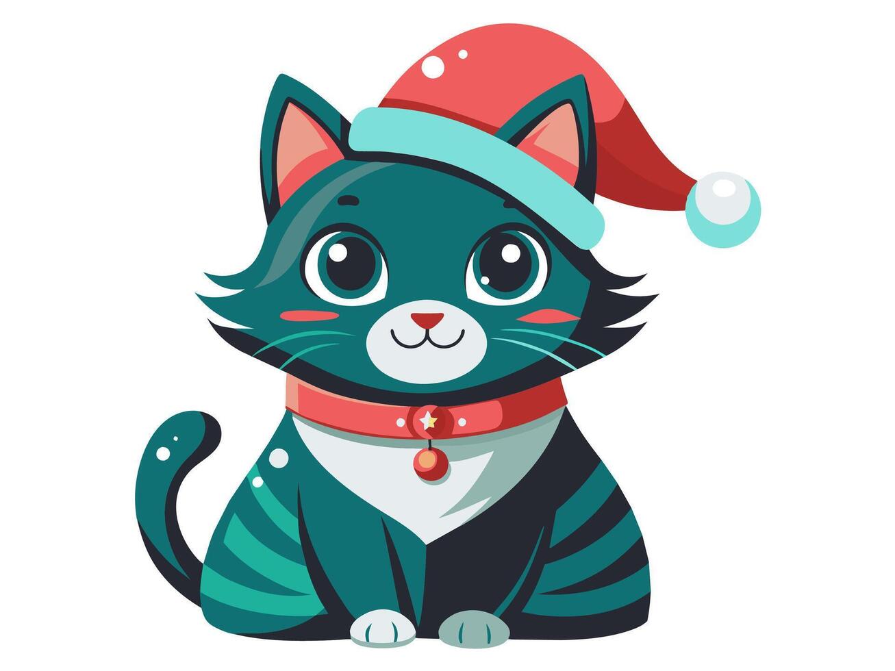 Cute cat in a Christmas Santa hat isolated on a white background. Adorable kitten in festive attire. Concept of holiday pets, Christmas animal, festive season. Print, logo, design element vector