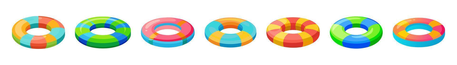 Set of bright inflatable swim rings isolated on white background. Colorful float rings for summer swimming. Concept of summer, pool fun, vacation, water safety. Graphic art. Print, design elements vector