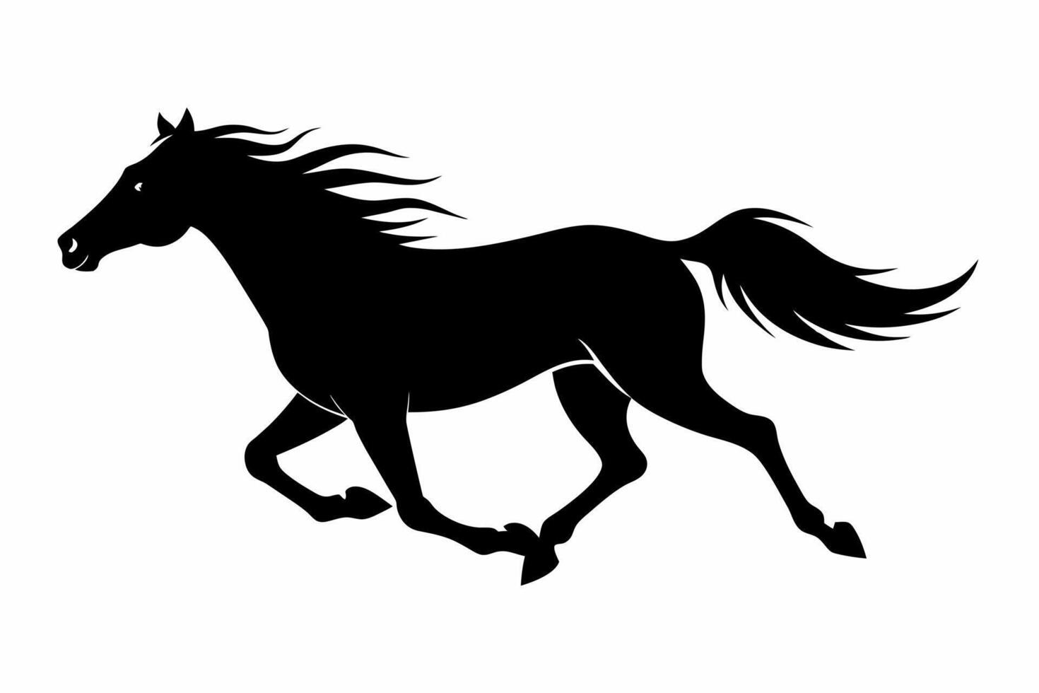 Black silhouette of a running horse isolated on a white background. Concept of wild animal illustration, minimalist style, galloping equine. Print, icon, logo, template, pictogram, element for design vector