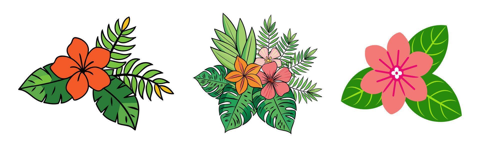 Set of tropical flowers with green leaves. Brightly colored tropical blooms. Concept of exotic flora, botanical illustrations, nature themes, summer vibes. Isolated on white background vector