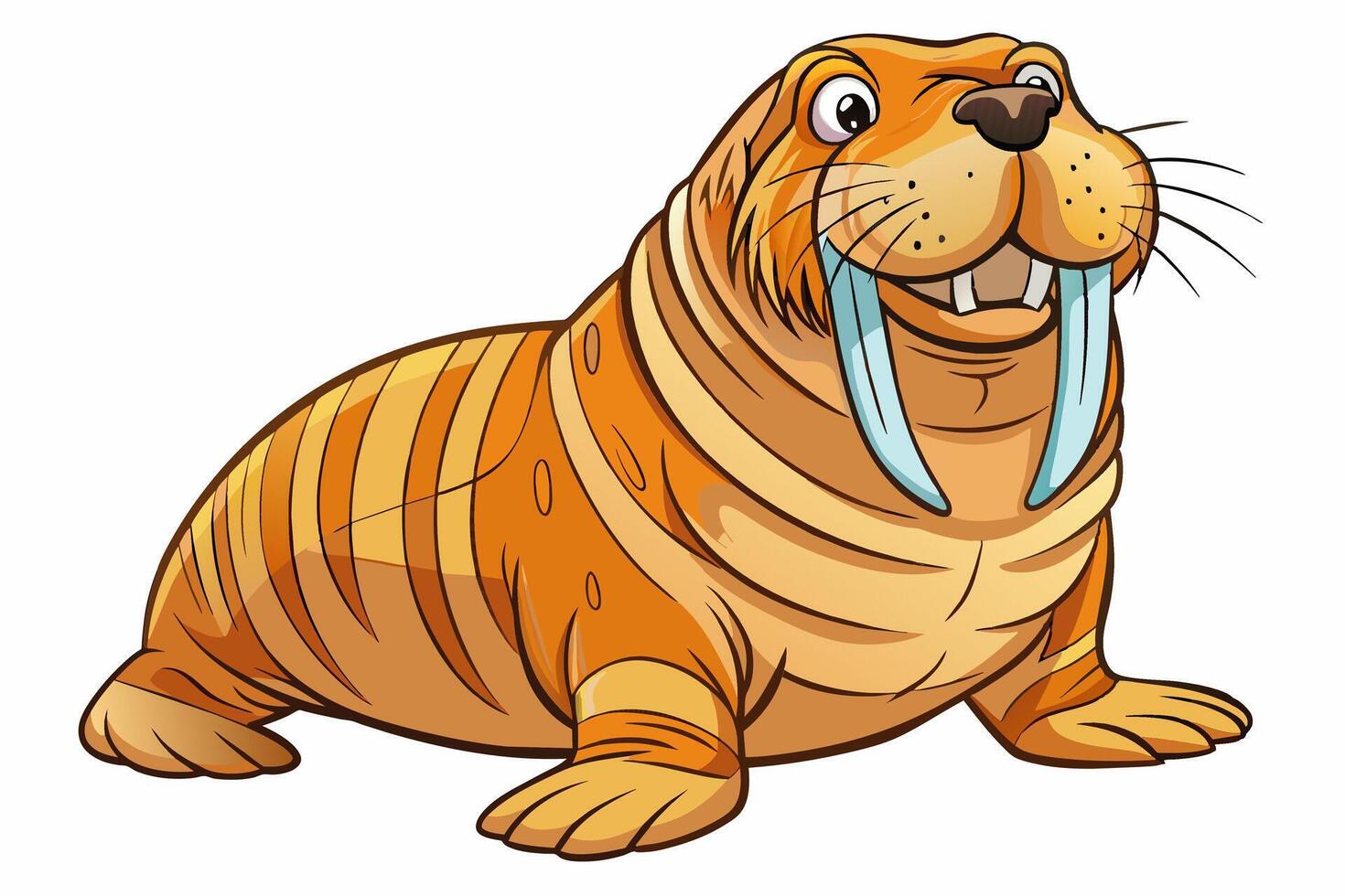 Cute cartoon walrus isolated on white background. Illustration of a smiling walrus with large tusks. Concept of marine life, wild animals, and adorable cartoon characters. Print, element for design. vector