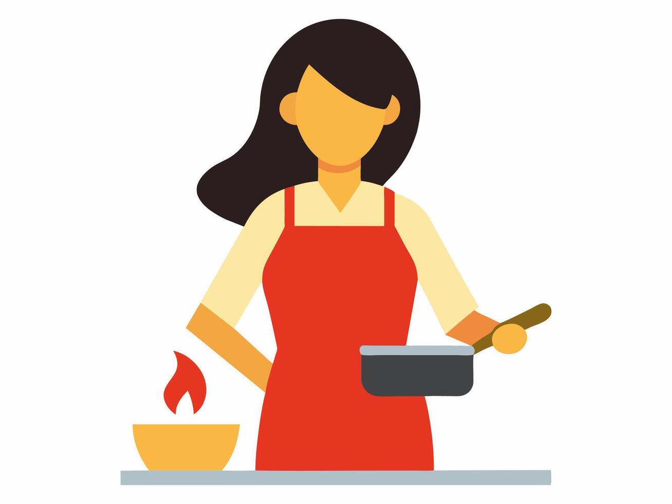 Woman cooking on a stove wearing an apron. Female chef preparing food. Concept of cooking, kitchen, and domestic activities. Graphic art. White background vector