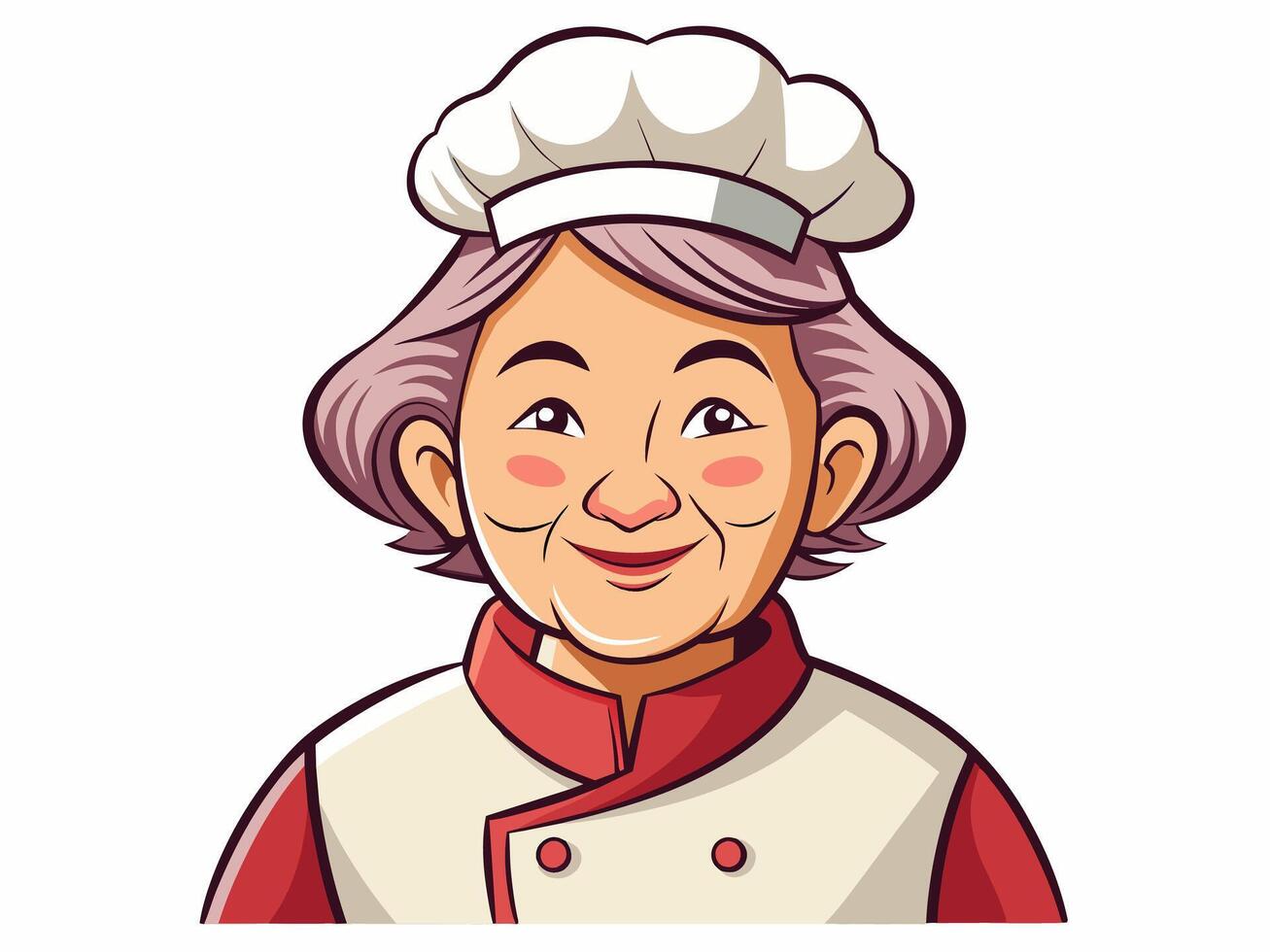 Elderly Asian female chef wearing a white hat and chef uniform, isolated on white background. Smiling woman cook. Concept of cooking, kitchen, and culinary arts. Print, logo, design element vector