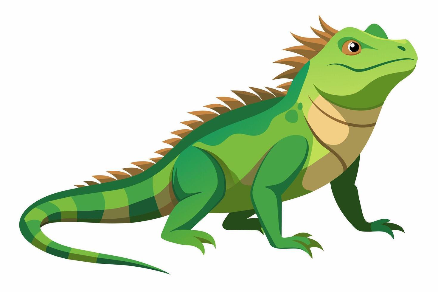 Green iguana isolated on white background. Illustration of lizard with striped body and detailed scales. Concept of wildlife, exotic animal, and tropical fauna. Print, icon, logo, element for design. vector
