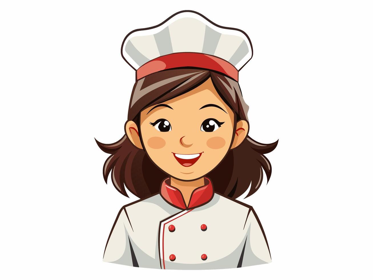 Young Asian female chef wearing a white hat and chef uniform, isolated on white background. Happy woman cook. Concept of cooking, kitchen, and culinary arts. Print, logo, design element vector