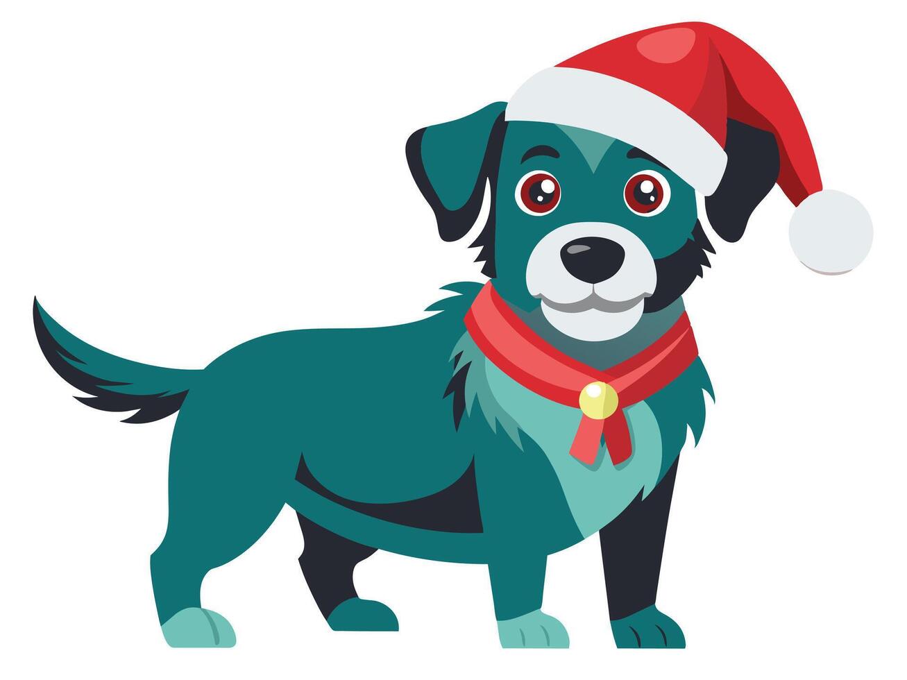 Cute dog in Christmas Santa hat isolated on white background. Adorable puppy in festive attire. Concept of holiday pets, Christmas animals, festive season. Print, logo, design element vector