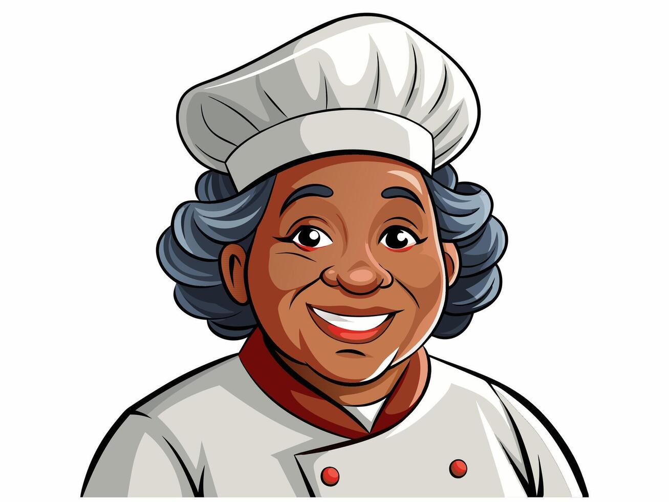 Elderly African American female chef wearing a white hat and chef uniform, isolated on white background. Smiling woman cook. Concept of cooking, kitchen, and culinary arts. Print, logo, design element vector