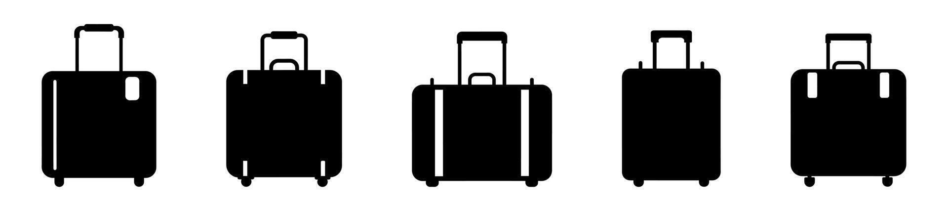Set of black silhouettes of rolling suitcases, isolated on white background. Wheeled luggage bags. Concept of travel, tourism, vacation, business trips, luggage portability. Print, design elements vector