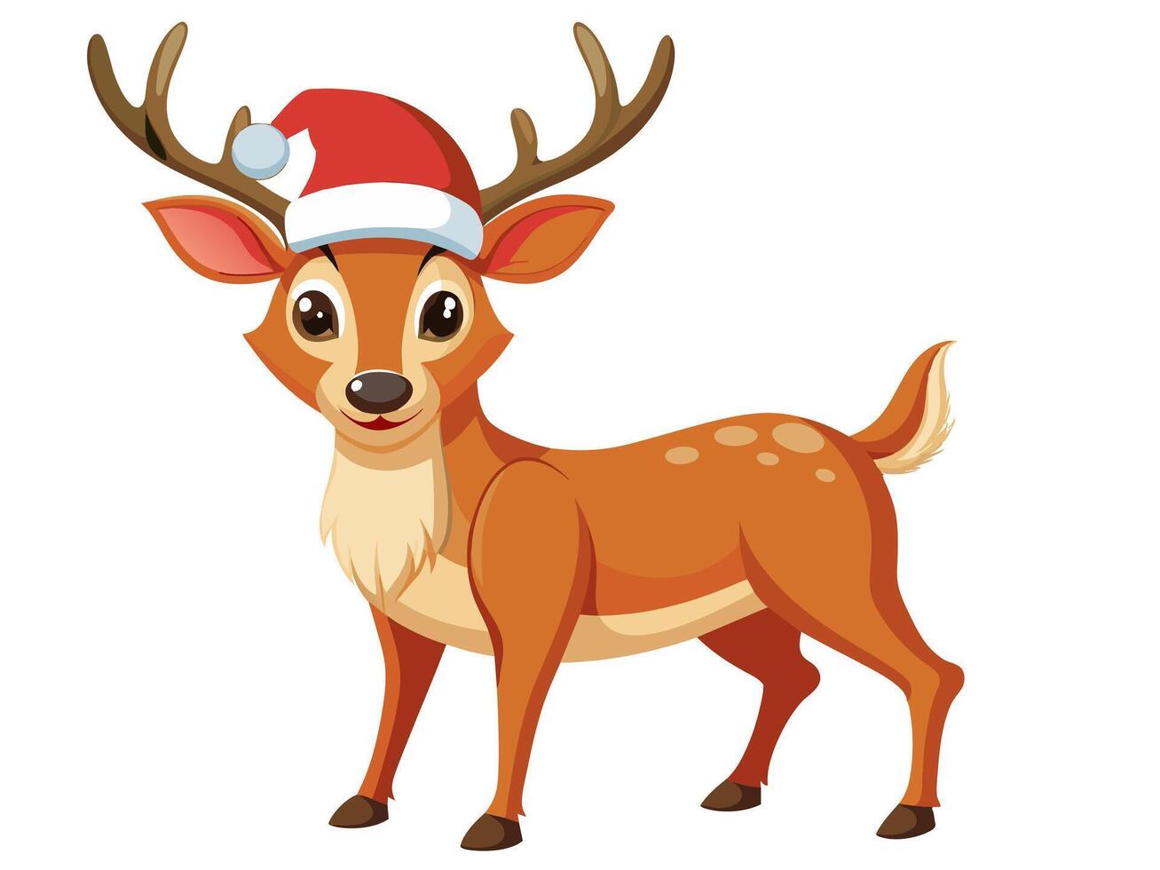 Cute deer in Christmas Santa hat isolated on white background. Adorable reindeer in festive attire. Concept of holiday pets, Christmas animals, festive season. Print, logo, design element. Graphic Art vector
