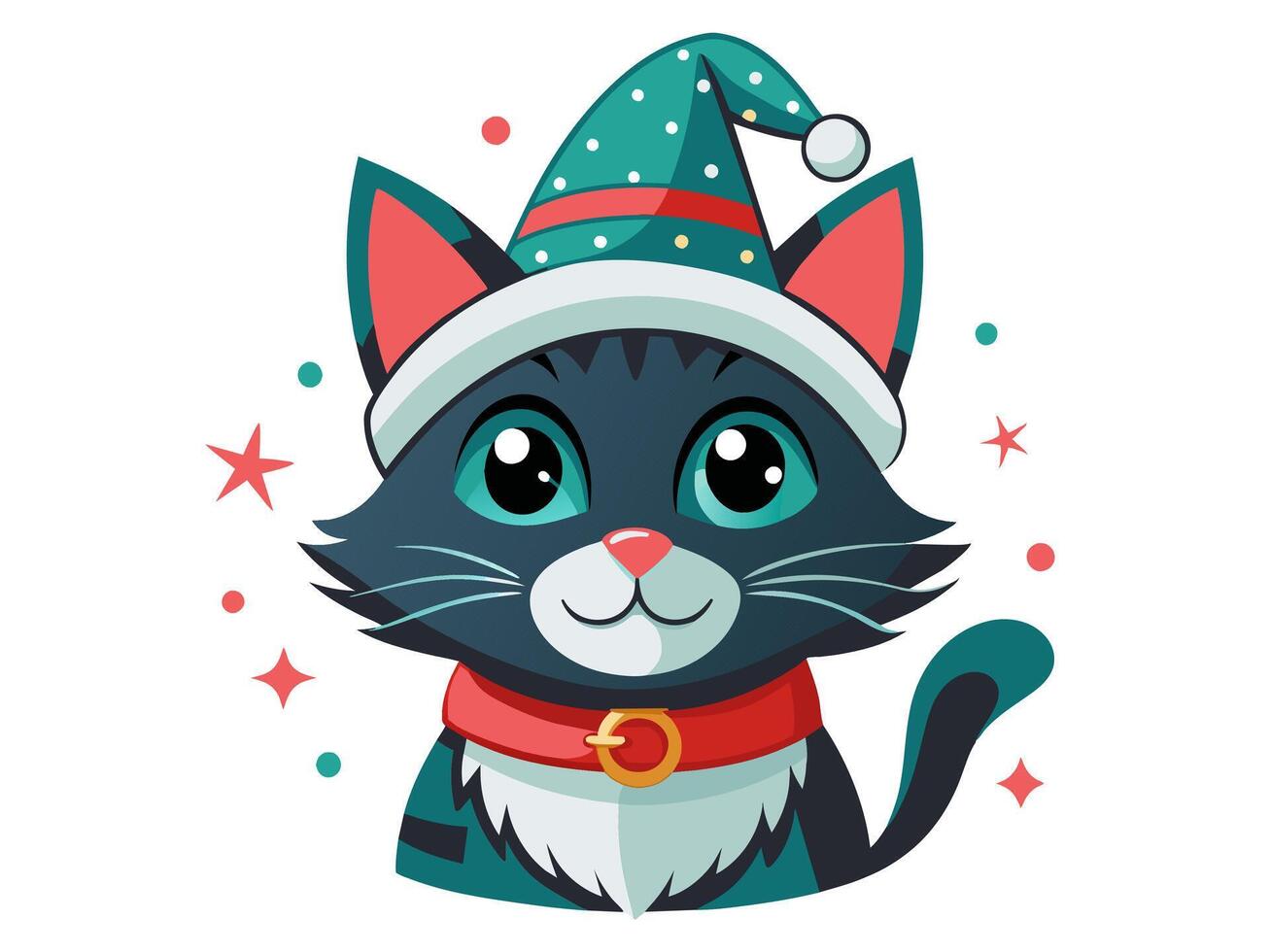 Cute cat in a Christmas Santa hat isolated on a white background. Adorable kitten in festive attire. Concept of holiday pets, Christmas animal, festive season. Print, logo, design element vector