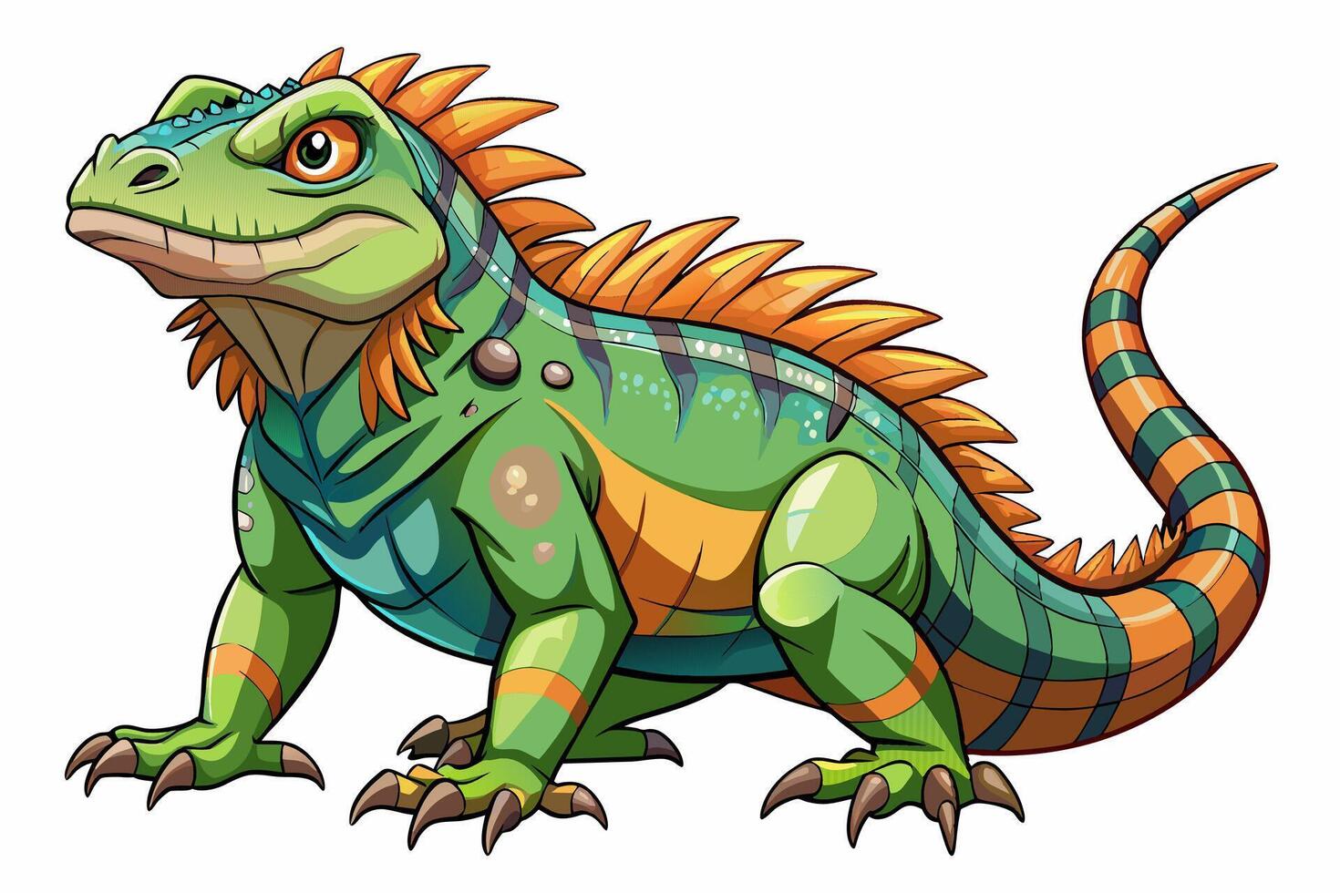 Vibrant green iguana with orange and blue stripes isolated on a white background. Concept of wild animal illustration, cute reptile, and minimalist style. Print, icon, logo, element for design. vector