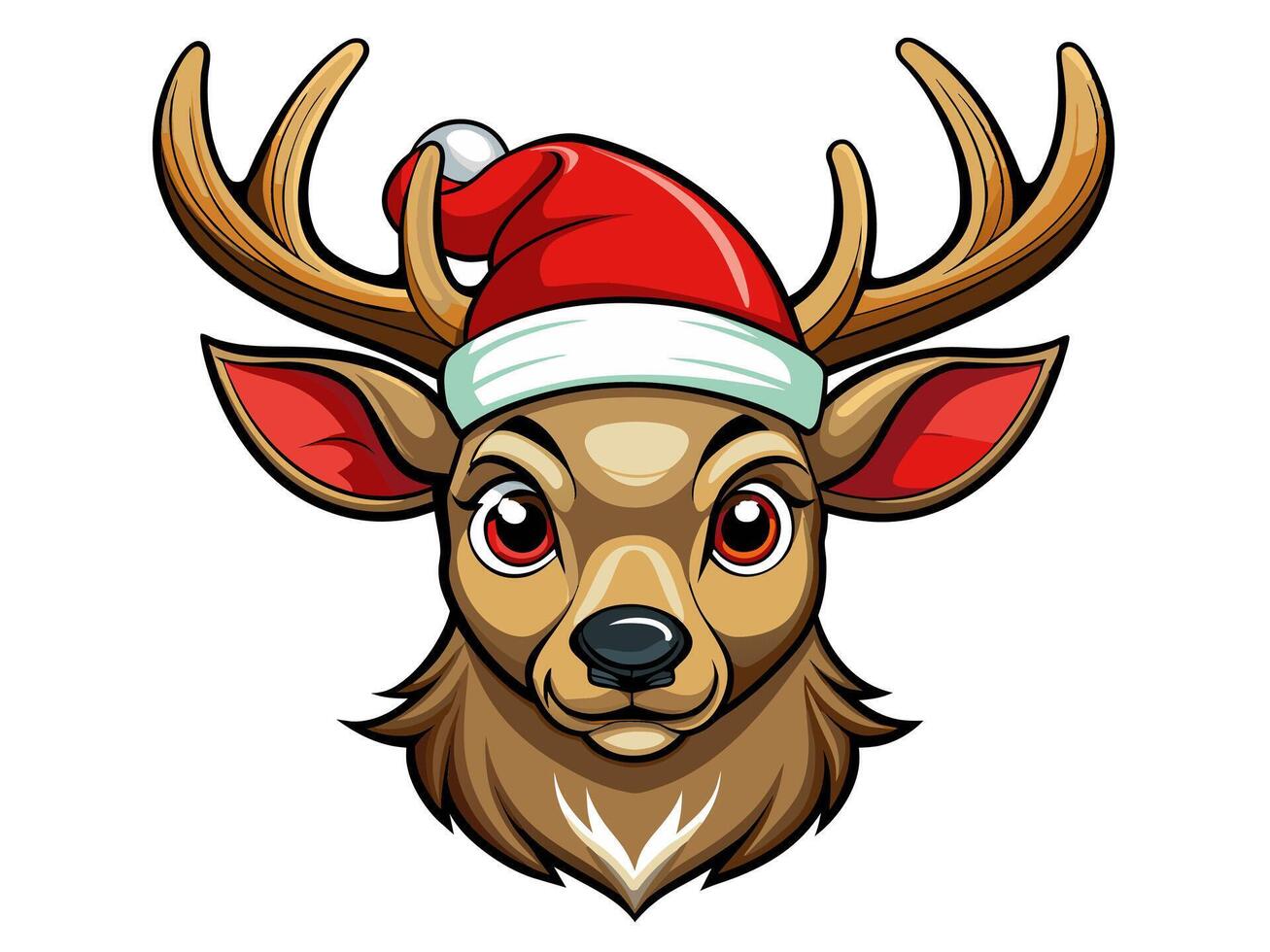 Cute deer in Christmas Santa hat isolated on white background. Adorable reindeer in festive attire. Concept of holiday pets, Christmas animals, festive season. Print, logo, design element vector