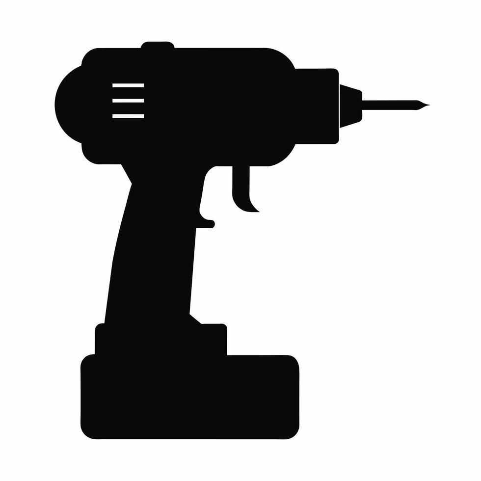 Black silhouette of a drill isolated on a white background. Concept of power tools illustration, minimalist style, construction tool. Print, icon, logo, template, pictogram, element for design. vector