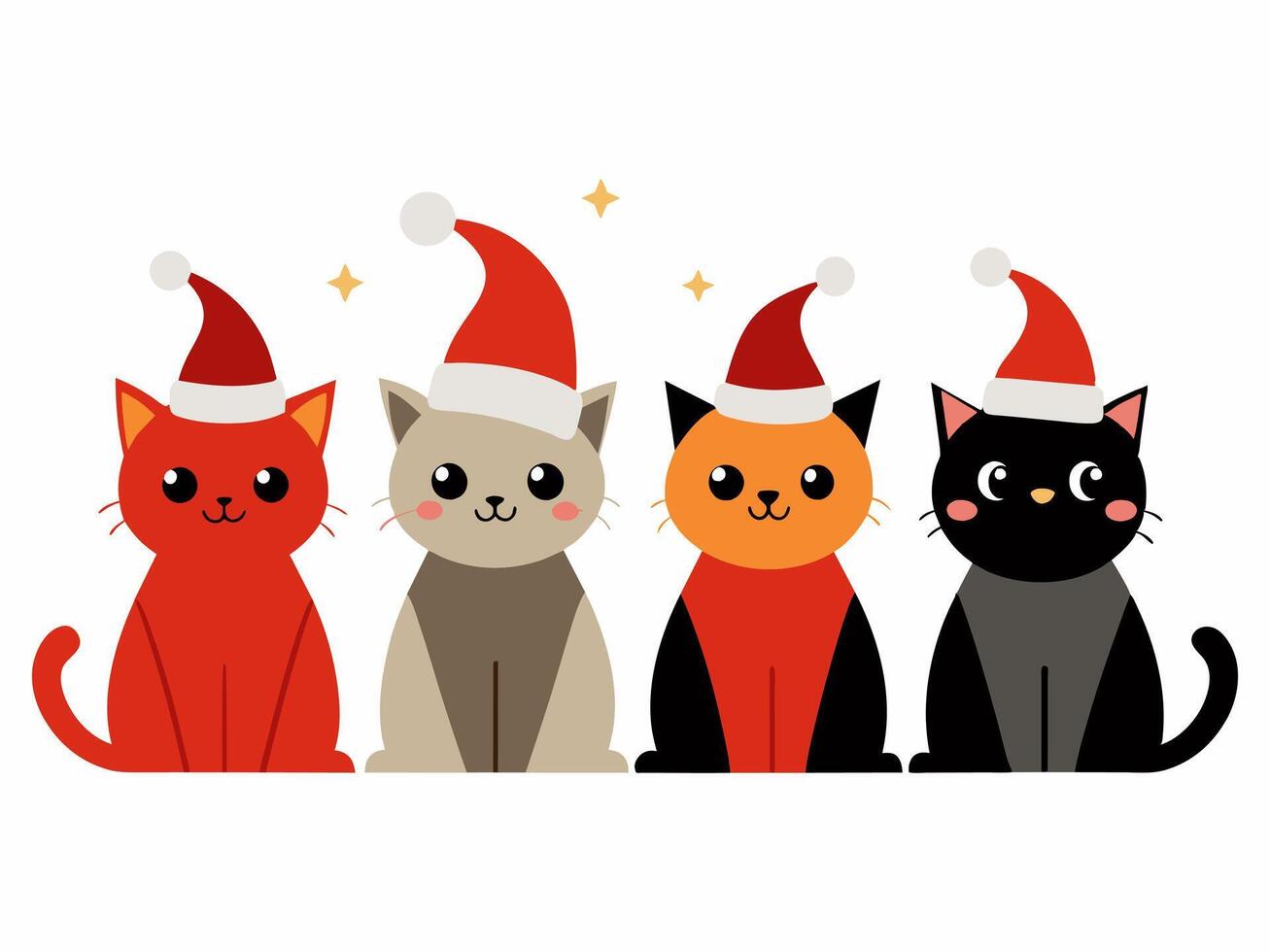 Four cartoon cats wearing Santa hats. Isolated on white background. Festive kittens in red, grey, orange, and black. Concept of Christmas, holiday pets, cute animal illustrations vector