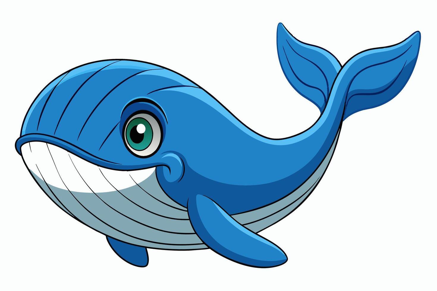 Blue whale illustration with a big smile isolated on white background. Concept of marine life, cute animal, and ocean illustration. Perfect for design, print, and art projects vector