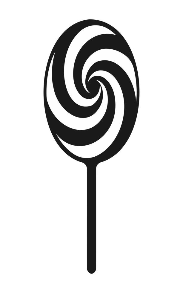 Black silhouette of a lollipop with a swirled pattern. Isolated on white background. Sweet candy icon in a minimalist style. Concept of dessert, festive treat. Print, design element. vector