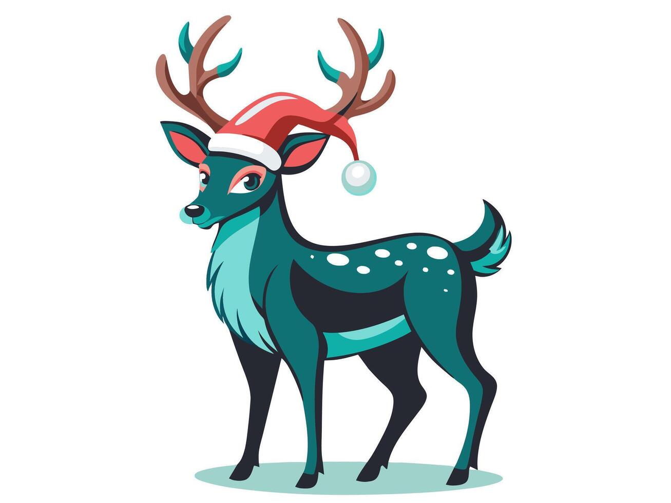 Cute deer in Christmas Santa hat isolated on white background. Adorable reindeer in festive attire. Concept of holiday pets, Christmas animals, festive season. Print, logo, design element vector