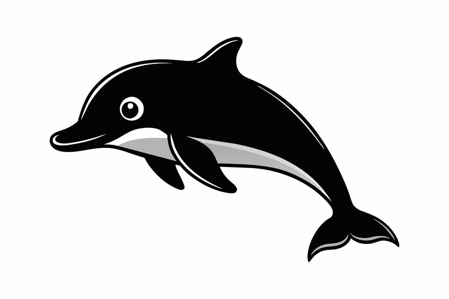 Silhouette of cartoon dolphin isolated on a white background. Black dolphin illustration in a simple design. Concept of animal illustration, marine life, minimalistic design, aquatic icon vector