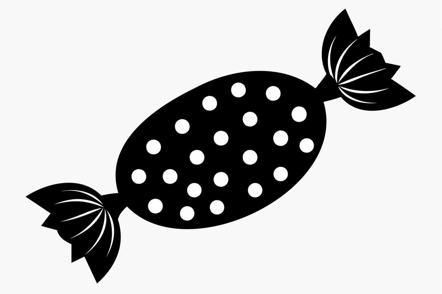 Black silhouette of candy wrapped in polka dot packaging. Isolated on white background. Sweet treat icon in a minimalist style. Concept of confectionery, dessert, festive treat. Print, design element. vector